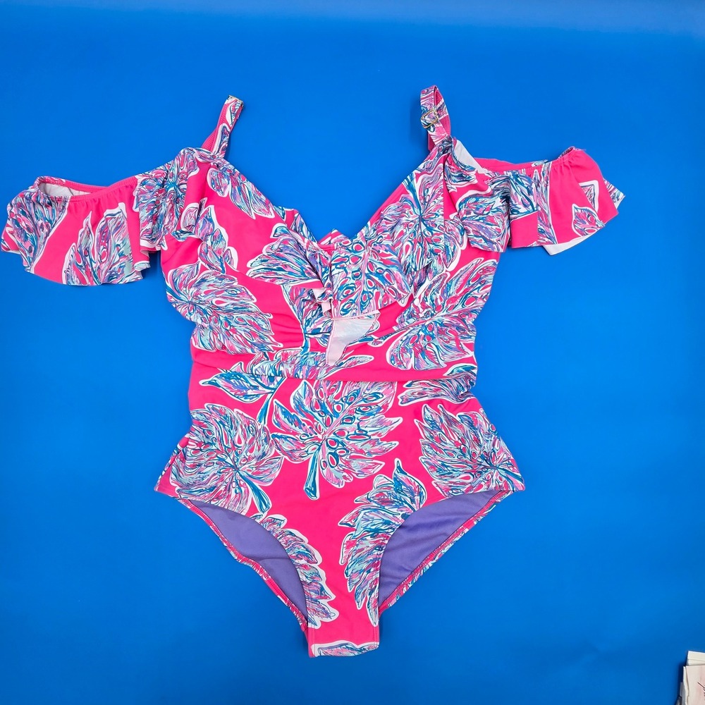 Marilyn Monroe Pink Tropical Palm Print Ruffle Cold Shoulder One Piece Swimsuit